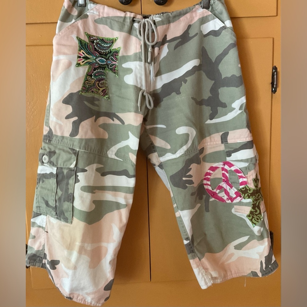 Camouflage Cargo Shorts with Peace and Cross Patches